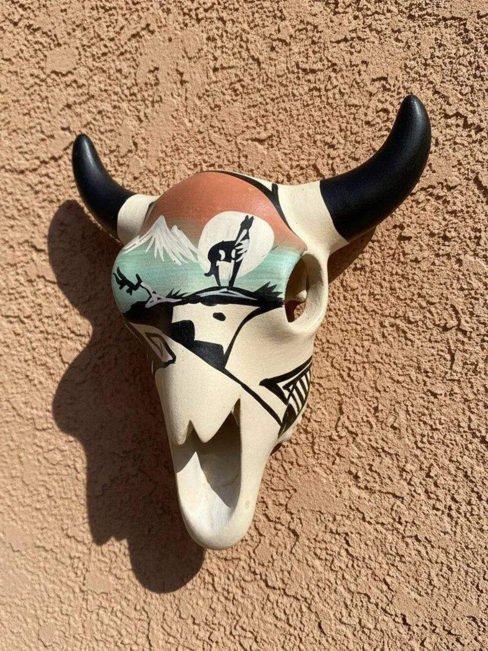 Vintage Navajo Signed R. Hathale Hand Painted Pottery Steer Skull 5